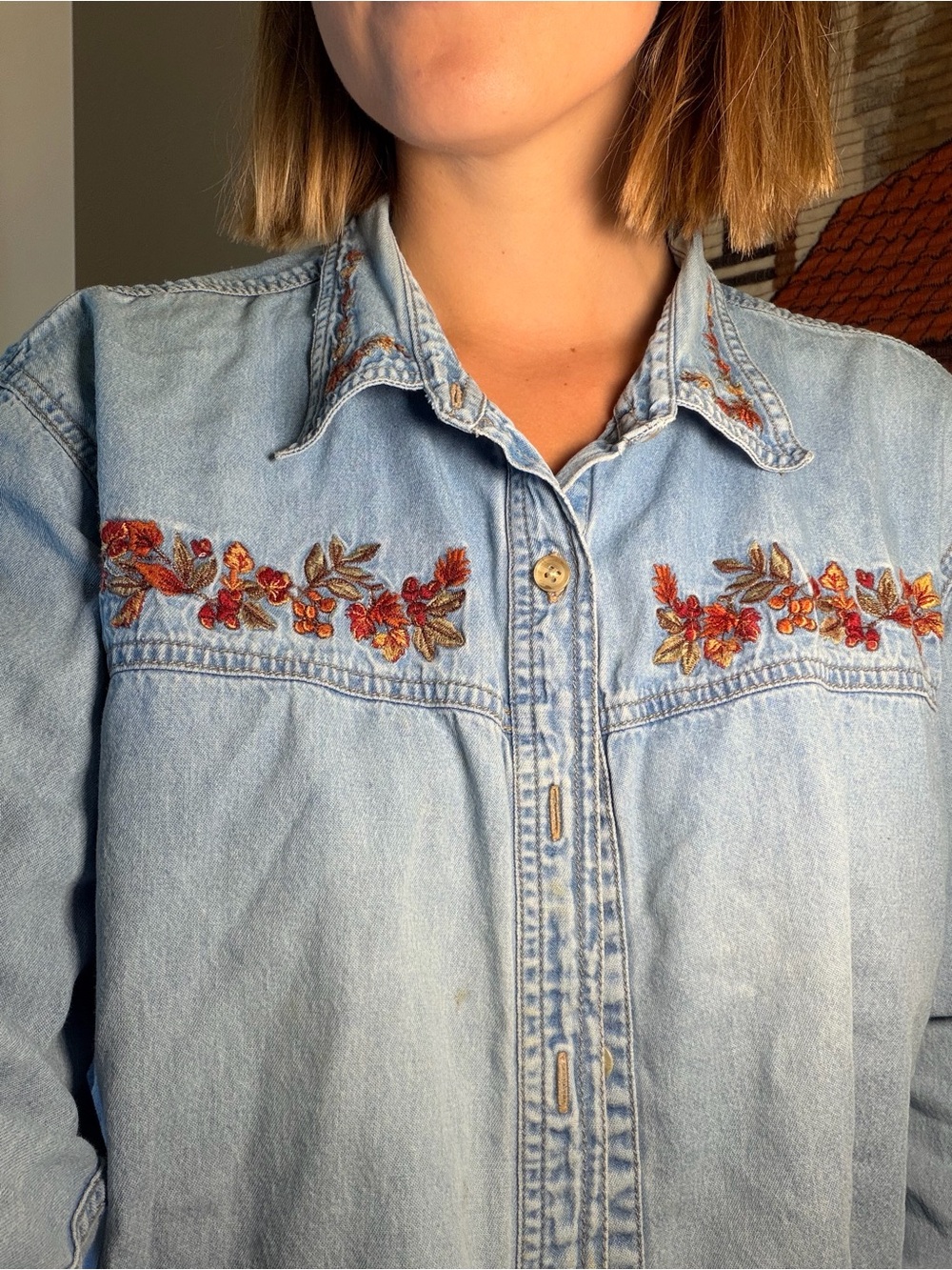 Light Wash Embroidered Denim Shirt - autumn style
